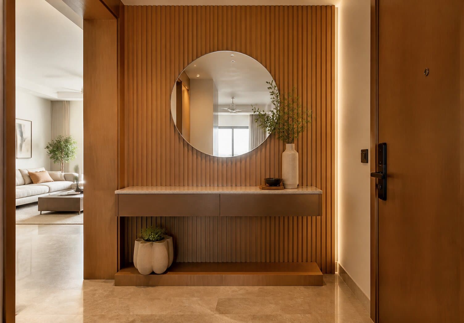 Entry foyer with custom woodwork and concealed storage
