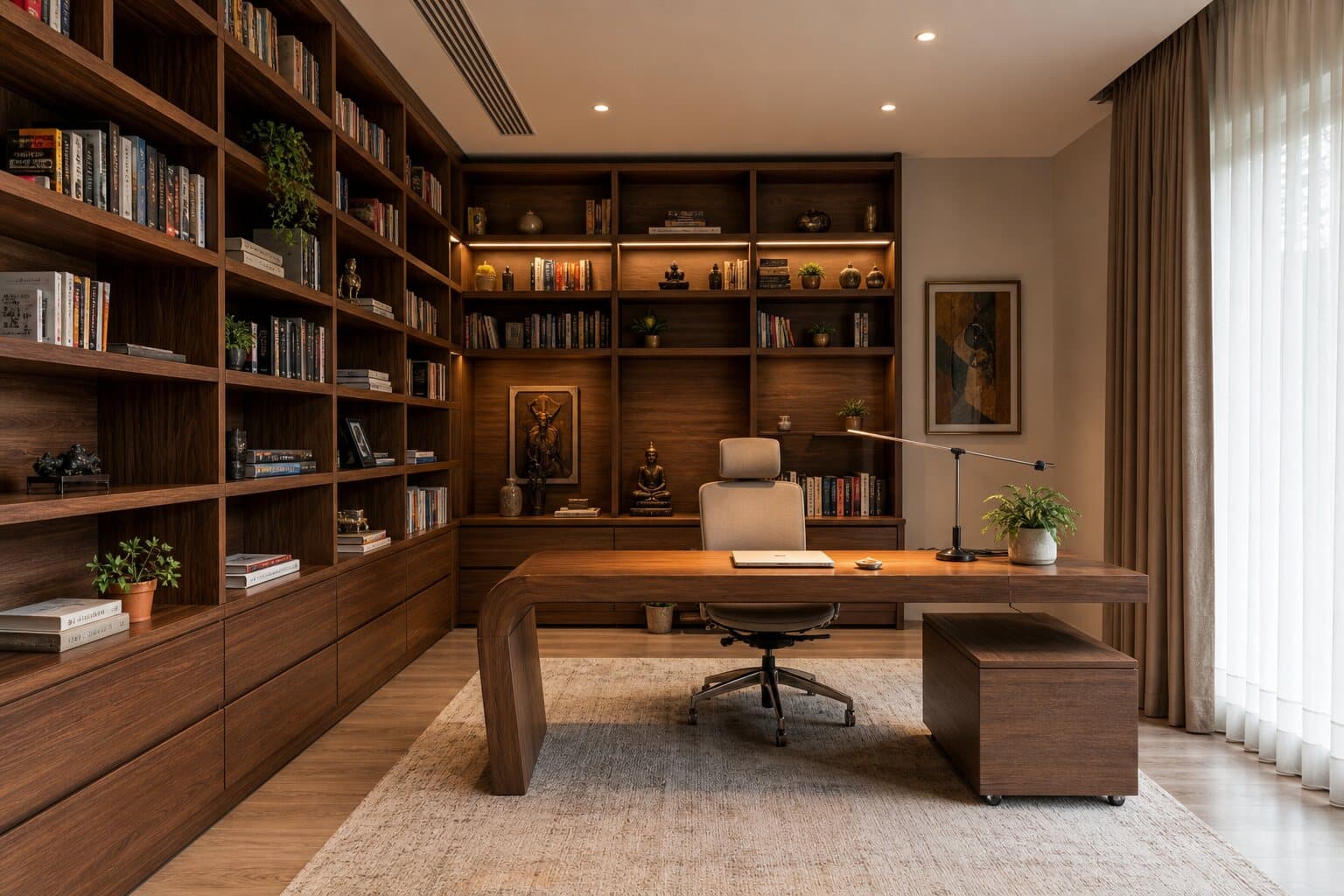 Detailed home study with custom carpentry and integrated lighting