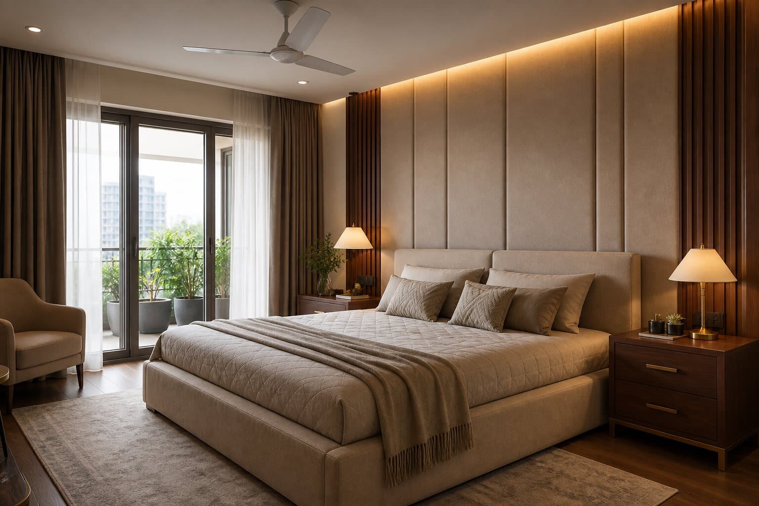 Warm master bedroom planned around comfort and storage