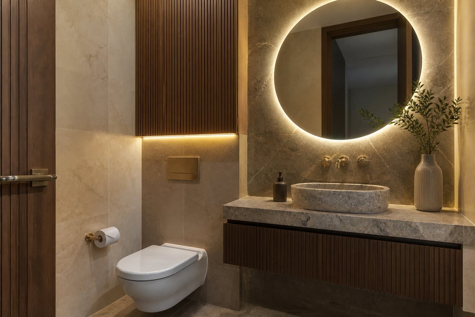 Compact powder room with coordinated stone, lighting and fittings