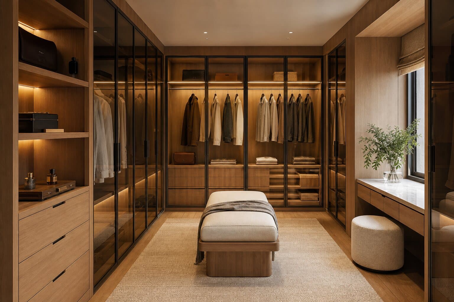 Custom walk-in wardrobe with integrated lighting